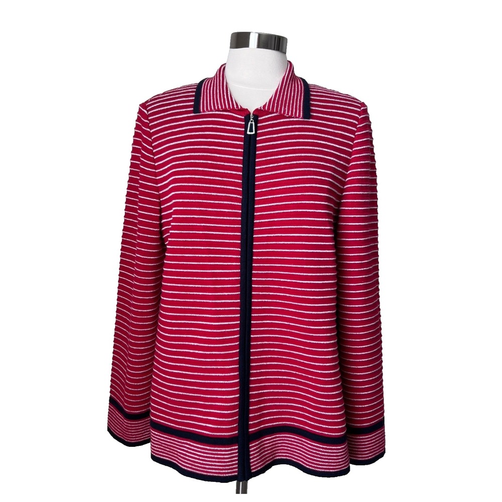EVA POLINI Couture Women's Vintage Striped‎ Zip Up Cardigan Sweater Jacket Large